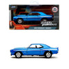 Diecast collectible of a blue 1969 Chevrolet Camaro muscle car in a box and as a standalone model.