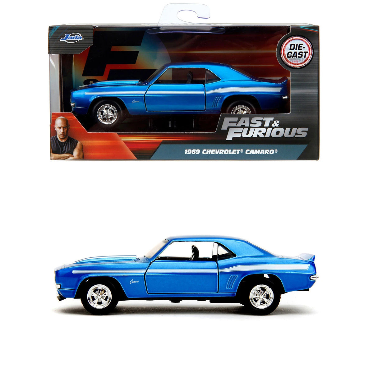 Diecast collectible of a blue 1969 Chevrolet Camaro muscle car in a box and as a standalone model.