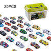 Un set de 20 voitures jouets à ressort et échelle, de différentes couleurs et modèles, emballées dans une boîte en plastique 