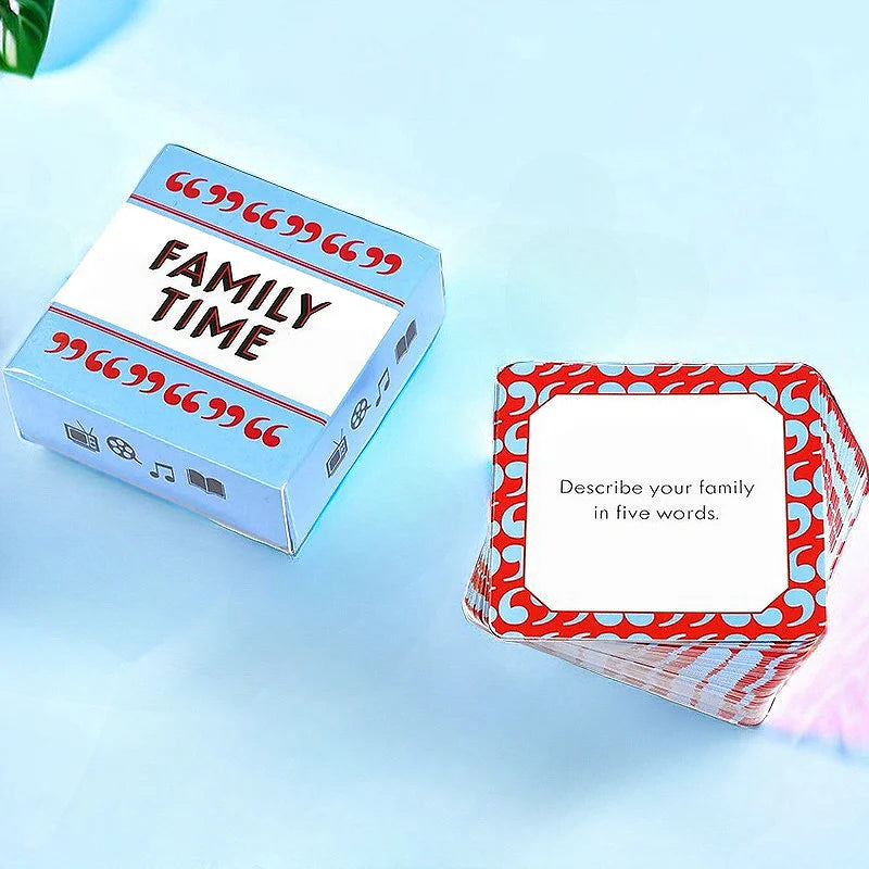 A box of family time conversation starter cards with a prompt to describe family in five words