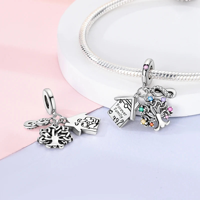 Sterling silver heart charm beads for bracelets featuring a tree design and various colored stones