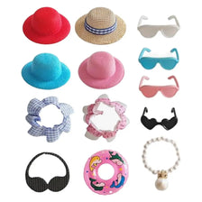 A set of summer desk goose outfit including a red hat, blue hat, sunglasses, and a pearl necklace.