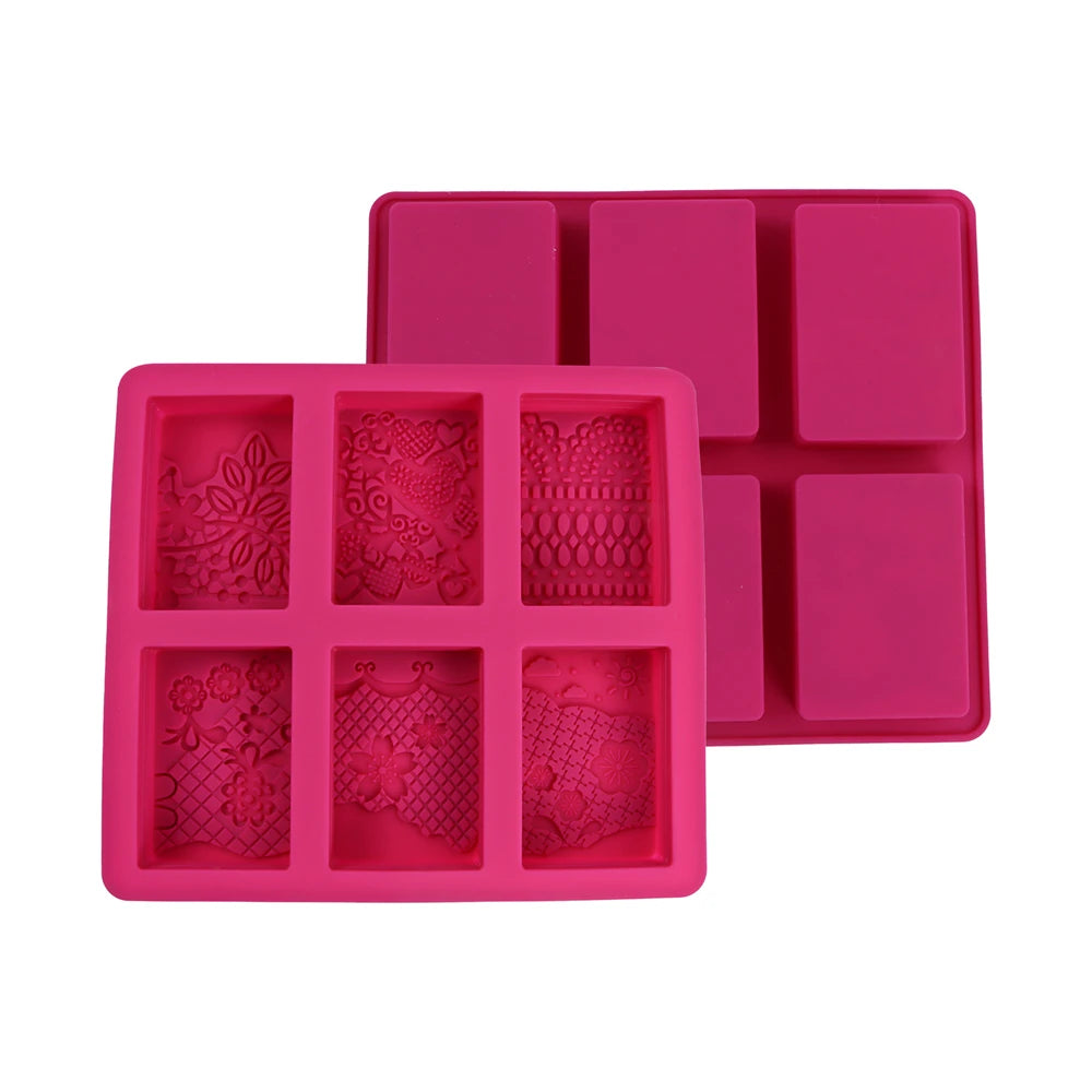 A pink silicone soap mold with six cavities featuring intricate lace patterns for handmade soap and DIY crafts.