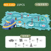 A set of 15 pieces of blue and green puzzle tiles depicting a marine scene for a DIY electric railroad car building kit.
