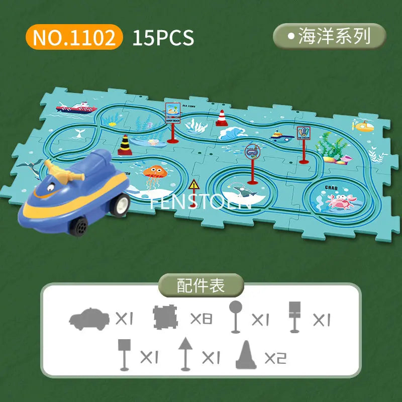 A set of 15 pieces of blue and green puzzle tiles depicting a marine scene for a DIY electric railroad car building kit.
