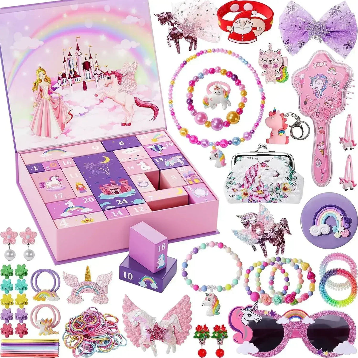 A pink box containing a 24-day mermaid jewelry advent calendar with various sparkly and colorful items.