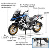 A black and white diecast motorcycle model with lights and suspension features, showing various components like wheels and a 
