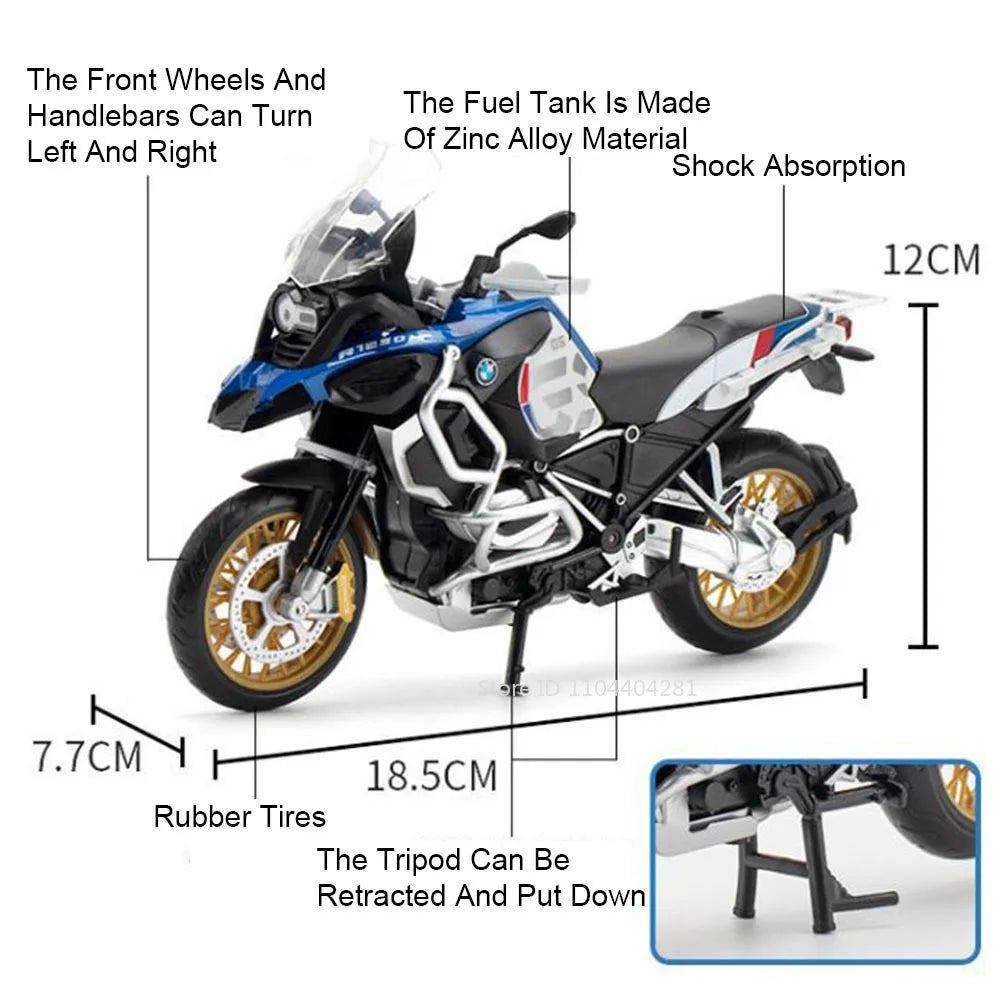 A black and white diecast motorcycle model with lights and suspension features, showing various components like wheels and a 