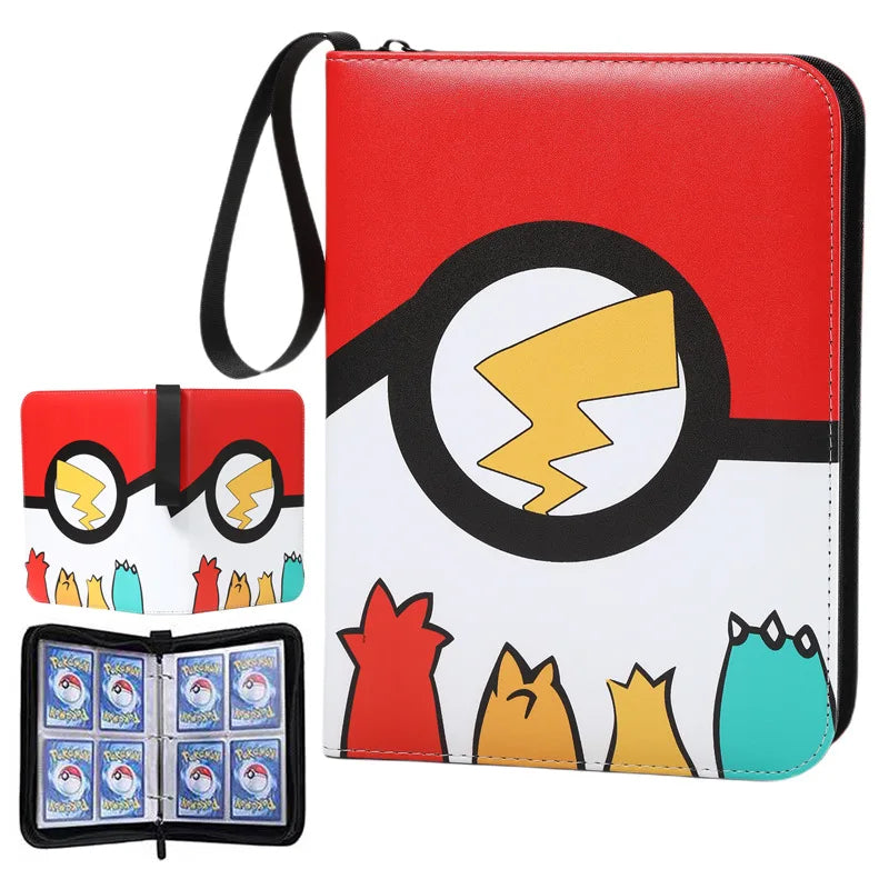 A red and black PU leather card binder with a zipper, featuring a lightning bolt design on the cover.