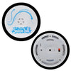 A black and white mini floating air hockey set with two pushers and a clear plastic base.