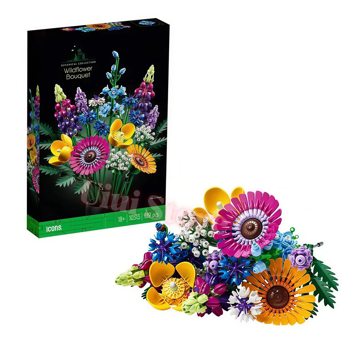 A box of Everlasting Flower Building Block Bouquet set featuring various colorful flowers and greenery.