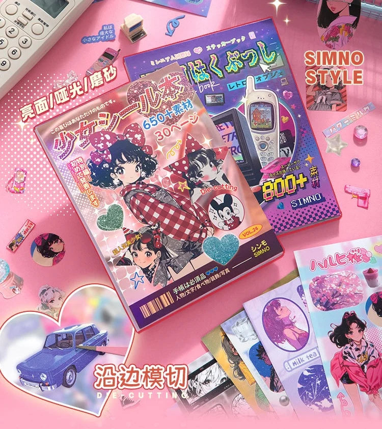 A colorful die-cut sticker book set featuring characters and designs for a Kawaii Showa Diary.