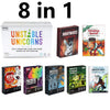 A collection of eight Unstable Unicorns expansion packs and a Dungeon Mayhem Monster Madness card game box.