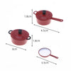 A miniature copper soup pot with a lid and a small white strainer shown in various sizes.