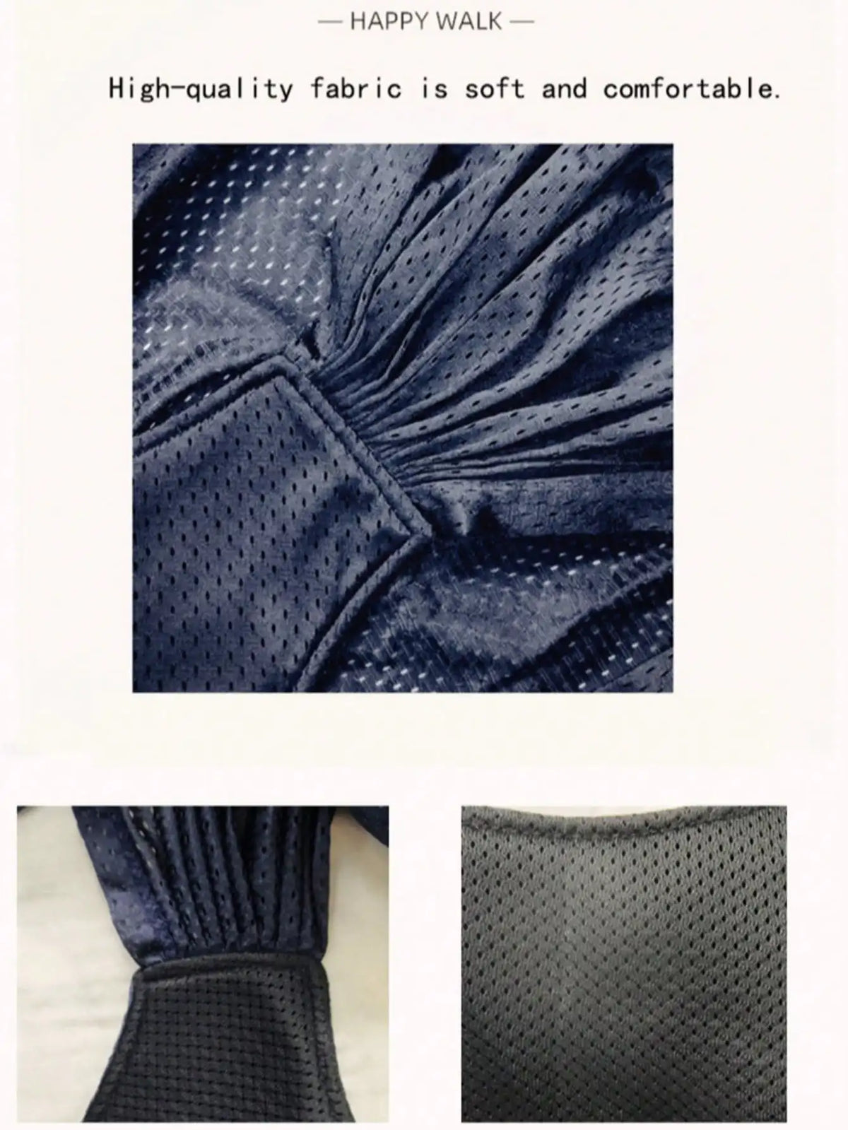 Close-up view of a dark blue fabric texture showing a quilted pattern and soft material.