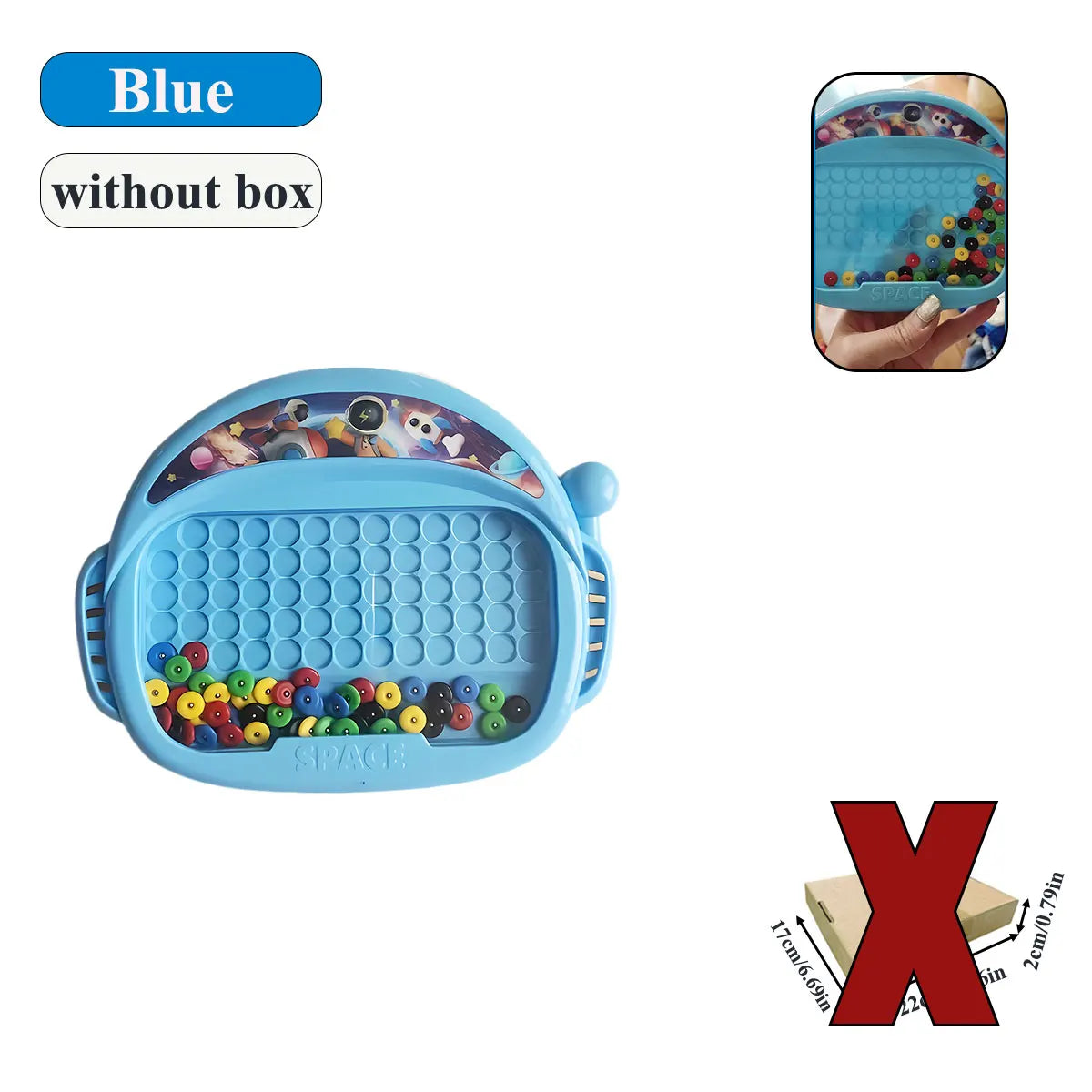 Blue magnetic doodle board for kids with pen and beads shown next to a hand holding colorful items.