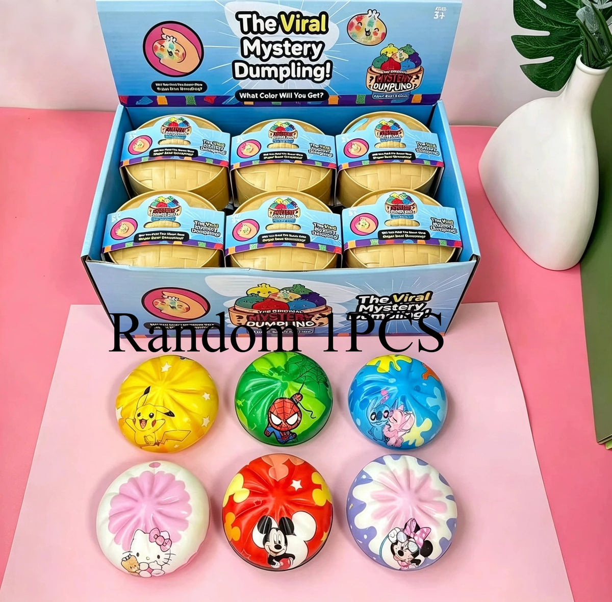 A box of The Viral Mystery Dumpling squishies with various colorful cartoon patterns and a set of round squishy toys.
