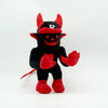A black plush rabbit stuffed toy with red accents and a white letter R on the forehead.