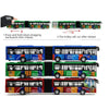 Diecast 1:64 pull-back city bus toy set showing various colored buses and a trolley.