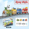 A boxed set of electric steam train toys featuring various cars like a panda, ice cream, and fast food, displayed on train tr