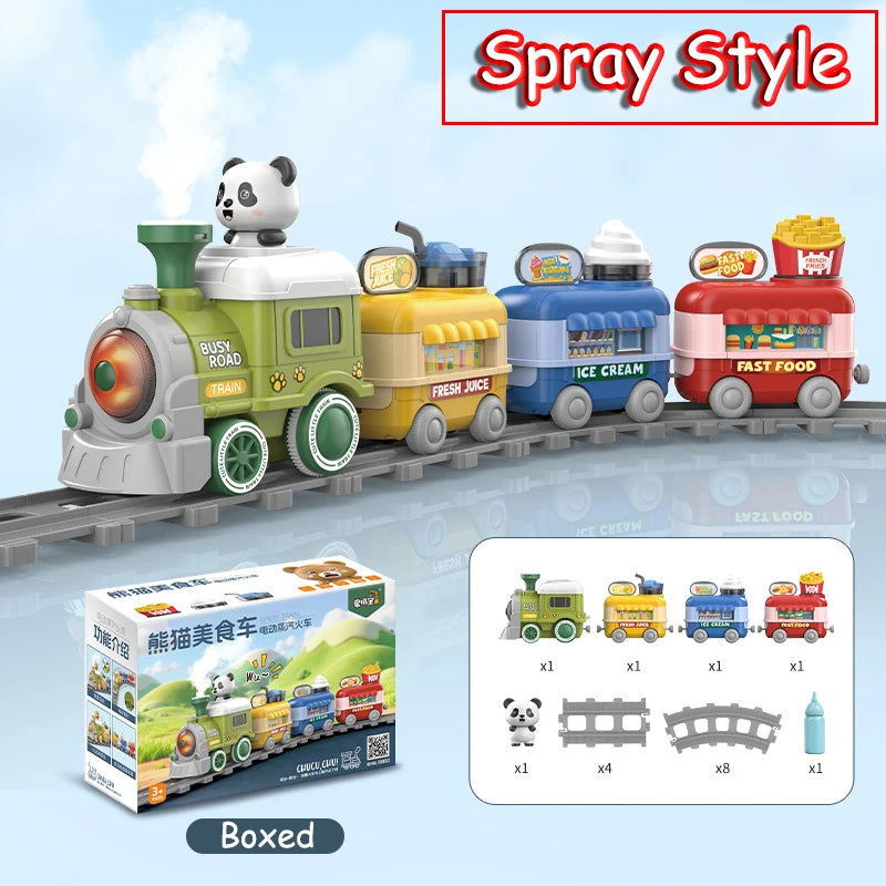 A boxed set of electric steam train toys featuring various cars like a panda, ice cream, and fast food, displayed on train tr