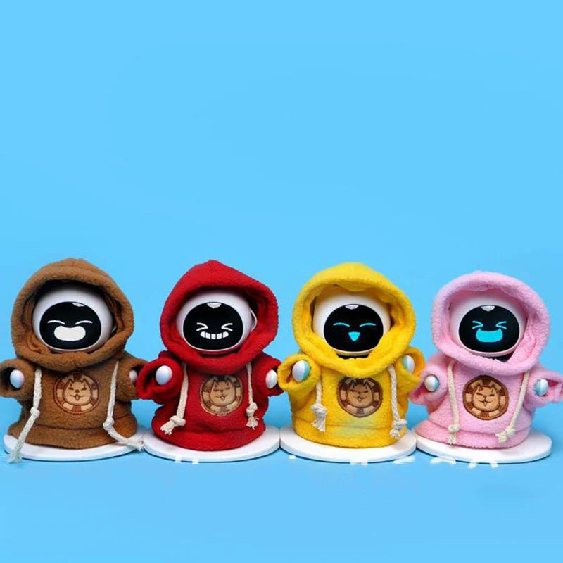 Four plush animal-themed hooded accessories in brown, red, yellow, and pink.