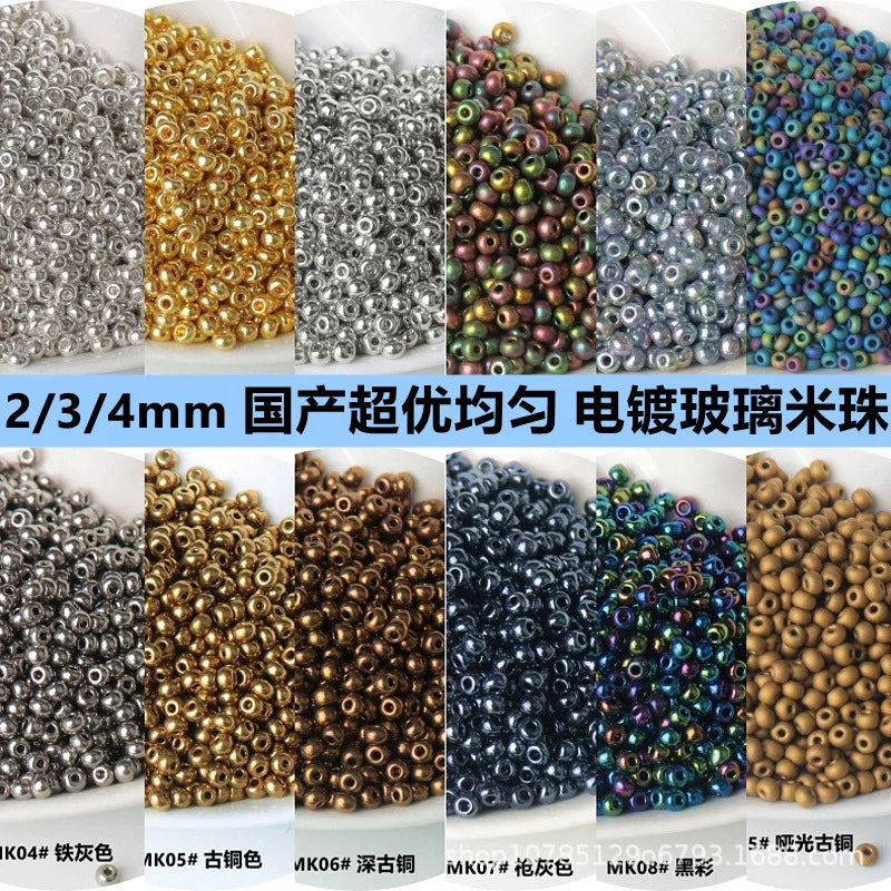 Assortment of electroplated metallic glass beads in various colors and finishes for jewelry and crafting.