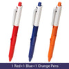 Three squirt water spray ballpoint pens in red blue and orange colors