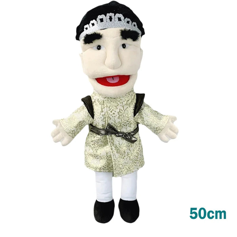 A realistic plush hand puppet with black hair, a silver headband, and a patterned coat.
