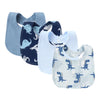 Ein Set aus drei karikatürierten Dinosaurier-Baby-Kragen in blauem und marineblauem Stoff.