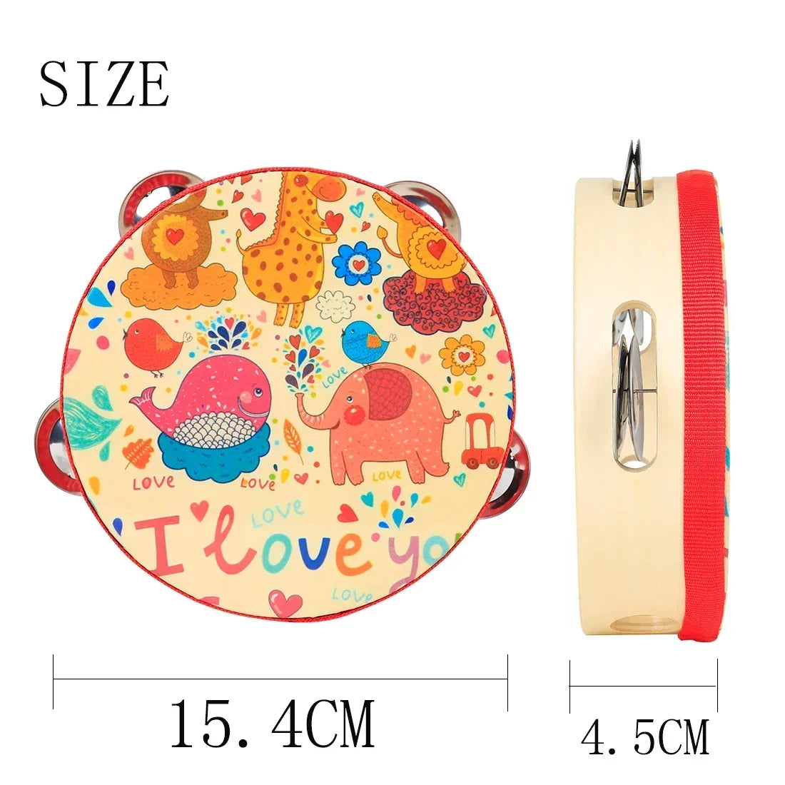 A round wooden tambourine with a cartoon design featuring an elephant and other colorful elements.
