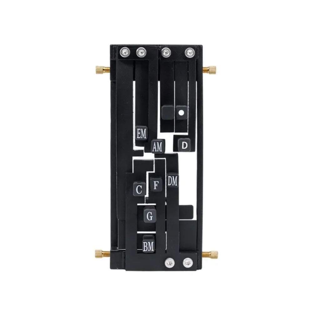 A black beginner guitar chord trainer with various labeled fret positions and tuning pegs.