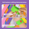 Hands are shown crafting a felt button bracelet by fastening buttons at both ends.