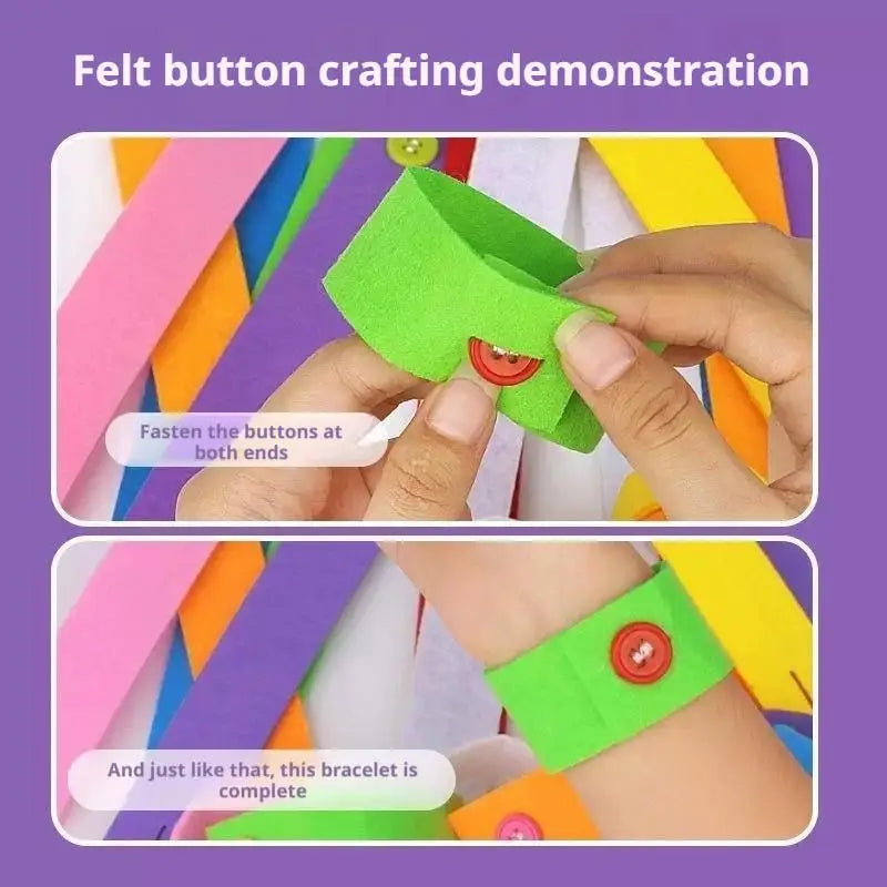 Hands are shown crafting a felt button bracelet by fastening buttons at both ends.