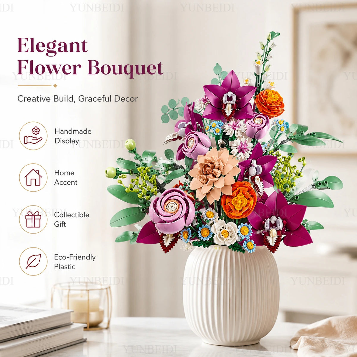 Elegant flower bouquet featuring various purple, pink, and orange roses and filler flowers in a white vase.