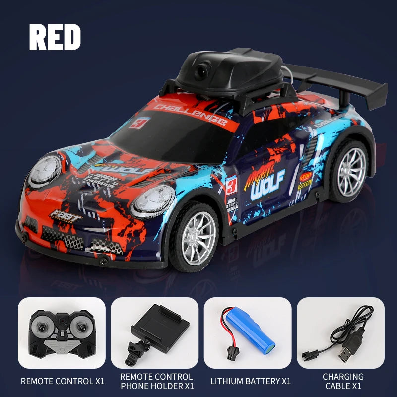A red and blue remote control car with an HD camera mounted on the roof, shown in a studio setting.