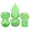 A set of green polyhedral dice including a tetrahedron, octahedron, dodecahedron, and icosahedron.
