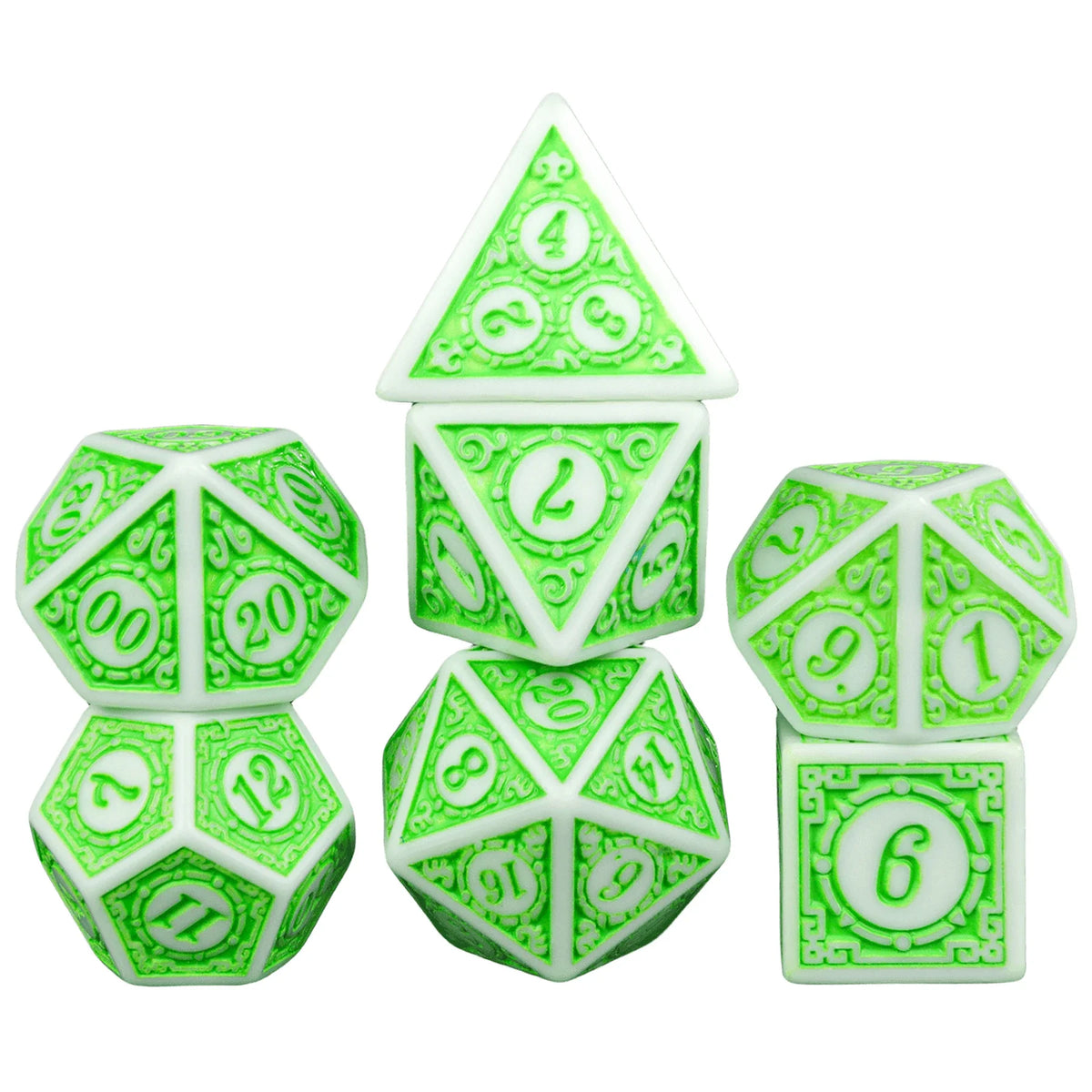 A set of green polyhedral dice including a tetrahedron, octahedron, dodecahedron, and icosahedron.