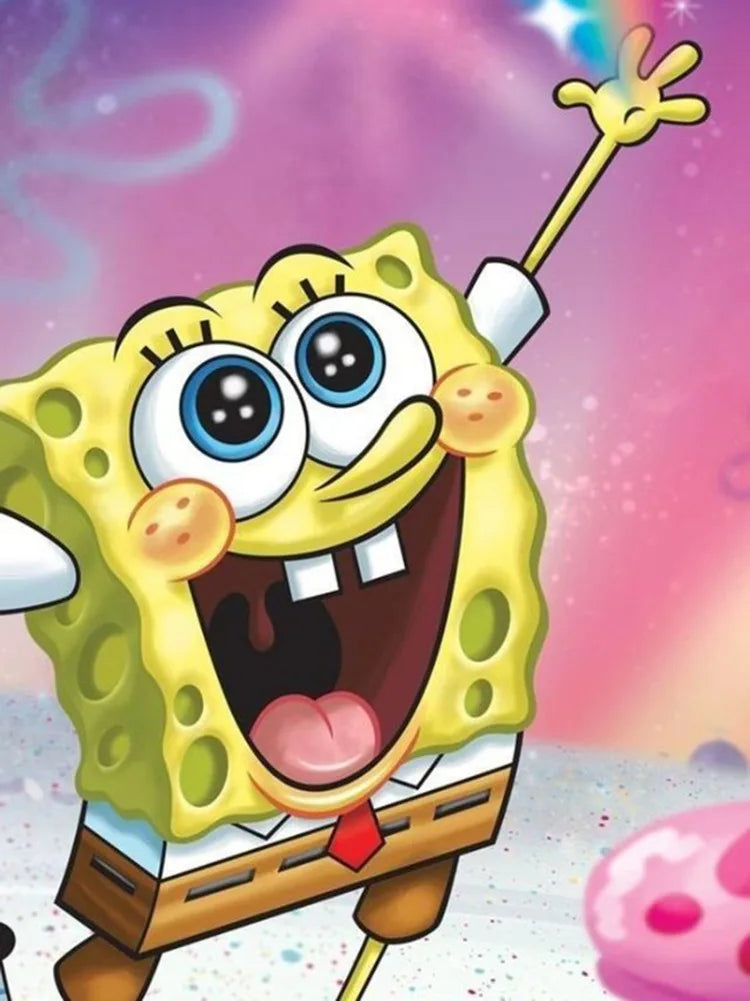 A cartoon drawing of SpongeBob SquarePants with a wide open mouth and excited expression.