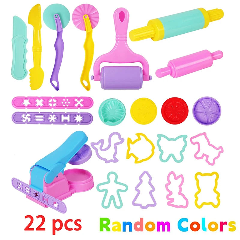 A set of 22 random colored dough tools for kids including cutters, a rolling pin, and an extruder.