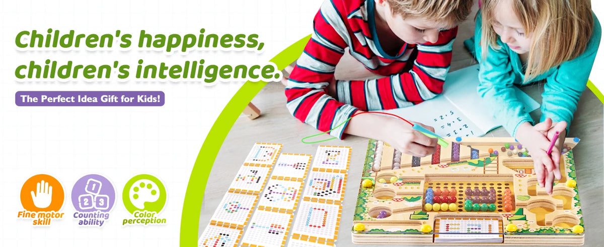 Children playing with a wooden magnetic maze puzzle board for color and number learning.