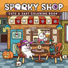 A colorful illustration of a spooky shop scene featuring Halloween-themed characters and decor for a coloring book.
