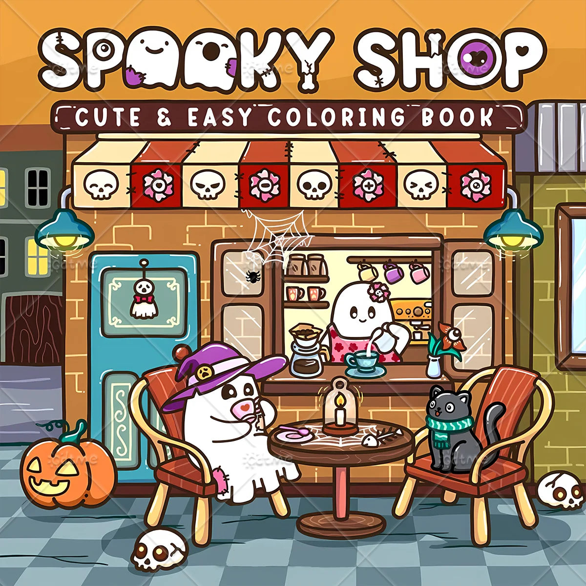 A colorful illustration of a spooky shop scene featuring Halloween-themed characters and decor for a coloring book.