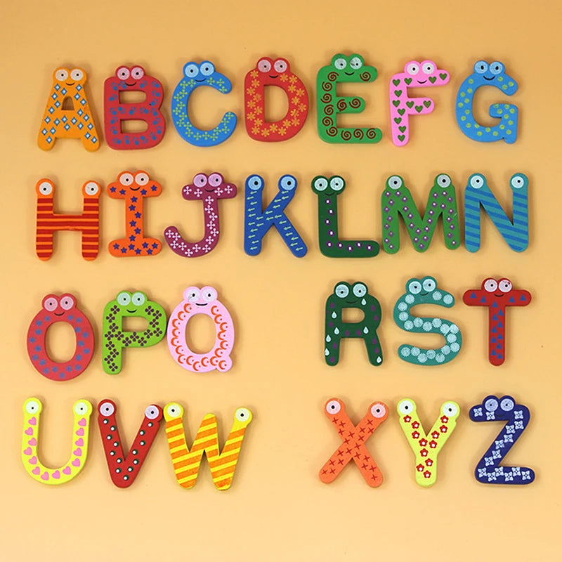 A set of wooden magnetic alphabet letters in various colors and shapes for children's learning