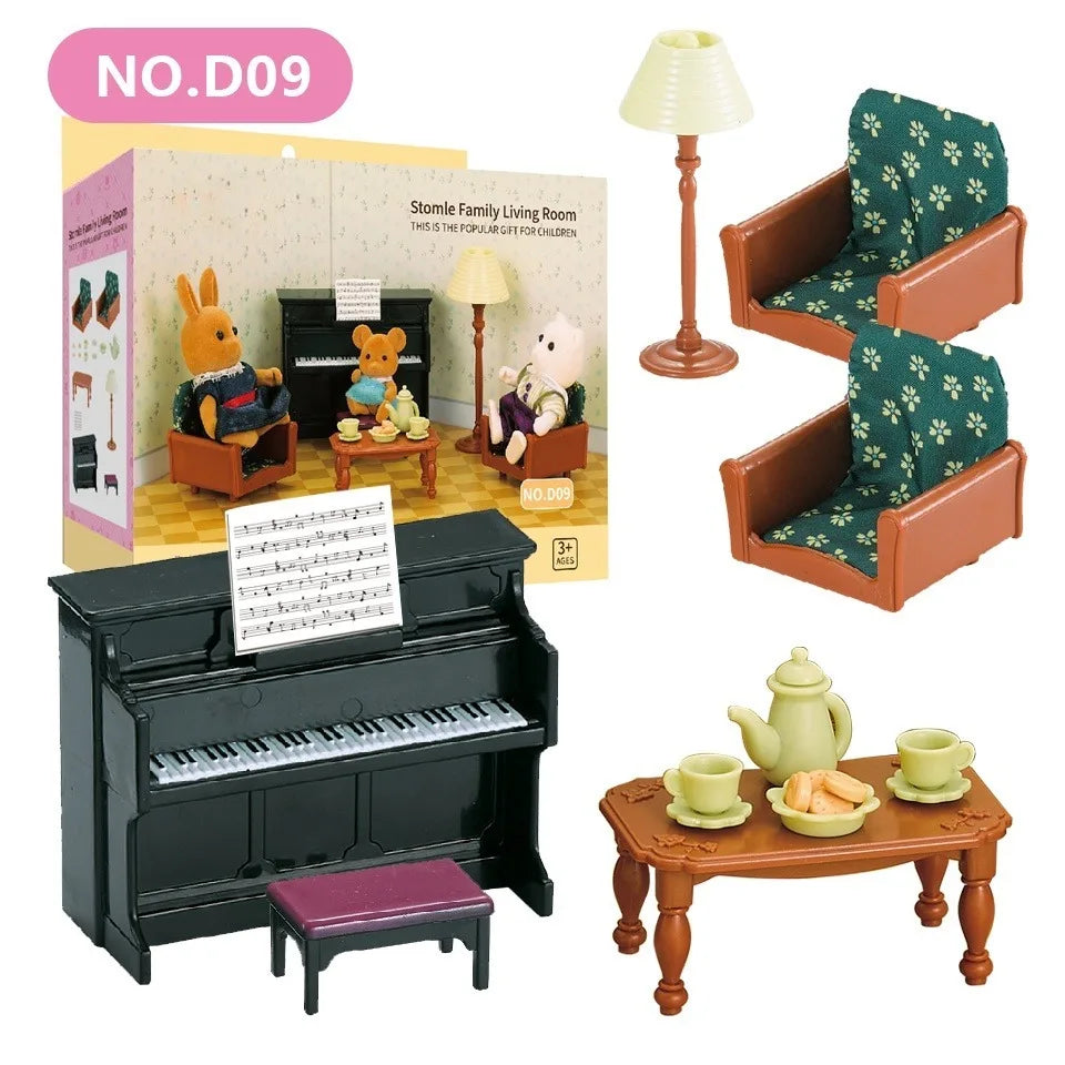 A miniature dollhouse furniture set featuring a piano, wooden chairs, and various household items for play.