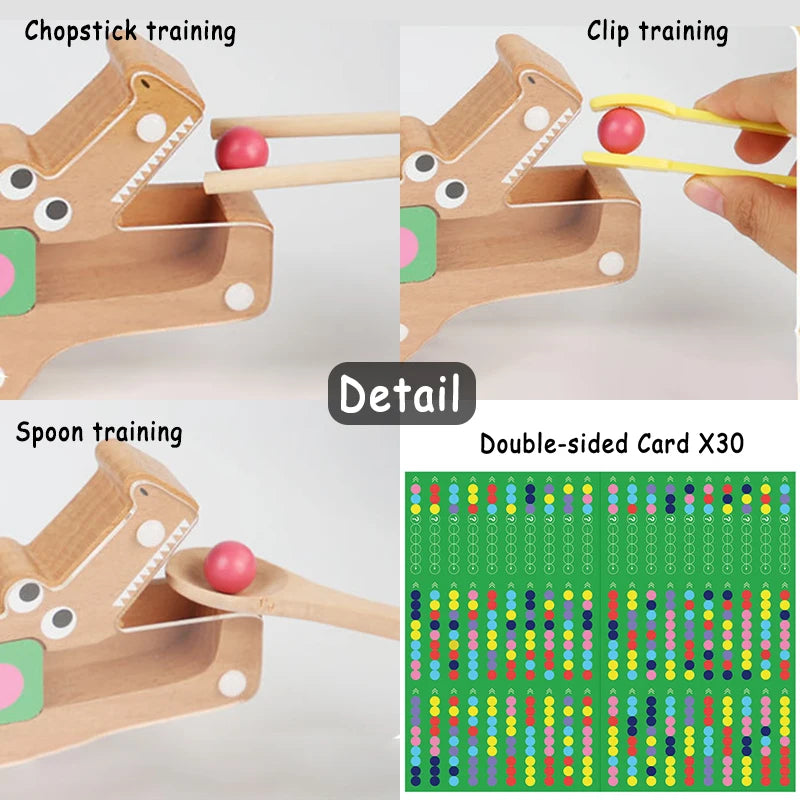 Wooden test tube clip beads Montessori color sorting toy showing various training activities like chopstick and spoon trainin