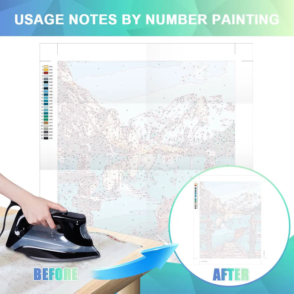 Before and after comparison of landscape painting by numbers kit results