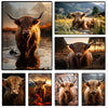 A collection of eight oil paintings depicting Highland cows with horns and thick coats in natural outdoor settings.