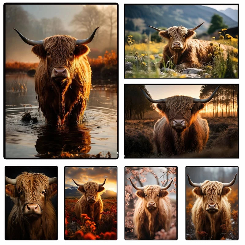 A collection of eight oil paintings depicting Highland cows with horns and thick coats in natural outdoor settings.