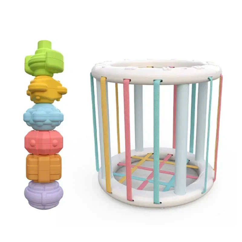 A set of colorful sensory sorting blocks for babies and toddlers, stacked in various shapes and colors.